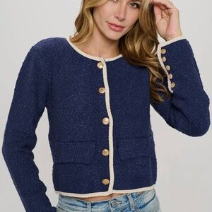 Renee C. Navy Blue Cardigan with Cream Trim